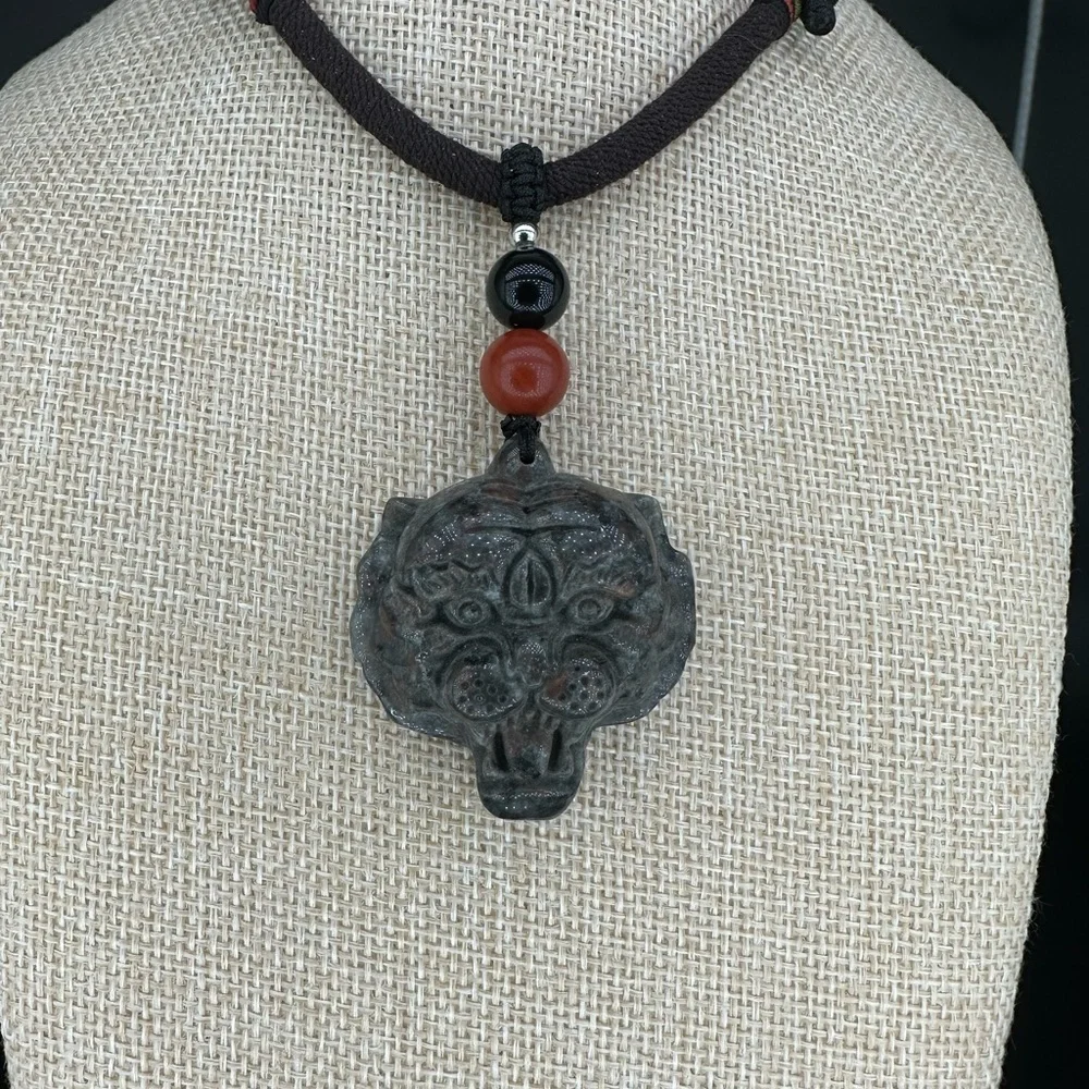 Yooperlite Tiger Pendant Necklace; Red Jasper and Onyx on Brown and Black Rope